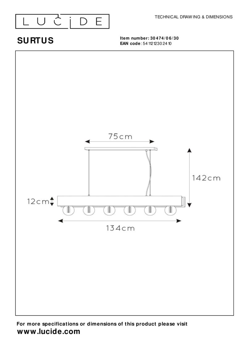 Lucide SURTUS - Závesné svietidlo - 6xE27 - Čierne